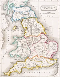 Mapa Anglie, Britannia Antiqua, z díla „The Atlas of Ancient Geography“ od Samuela Butlera, vydaného v Londýně, kolem 1829